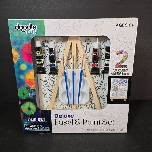 Doodle Fun Other - Doodle Fun Deluxe Easel & Paint Set 2 Canvases Acrylic Paints Brushes Easel6+